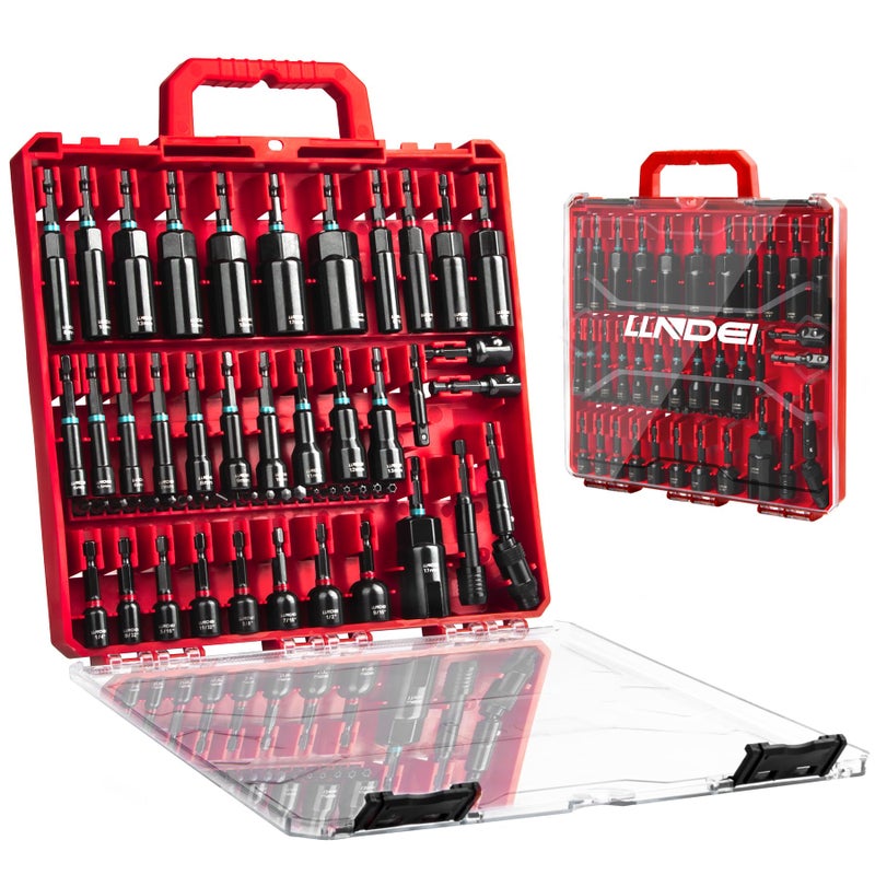 LLNDEI Magnetic Impact Nut Driver Set  55PCS 1/4 socket set with Deep Driver Bit Sets Includes Bit Extension  Pivoting & Wing Nut Setters Compatible with Impact Drills & Deep Drivers - Image 1